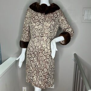 Dress & Jacket Sz 4-6 Gold Metallic Burgundy Brocade Mink Trim Dress Jacket Set